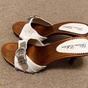 Size 7.5 - Blossom Collection White Heels With Silver Diamond Buckle And Studs